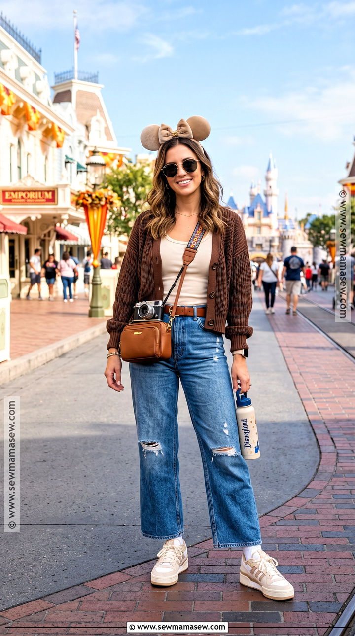 Disneyland Fall Cardigan And Wide Leg Jeans Outfit - 20 Disneyland Fall Outfit Ideas