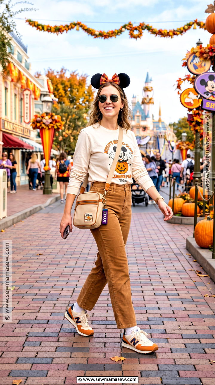 Disneyland Fall Long Sleeve Tee And Corduroy Pants Outfit - 20 Disneyland Fall Outfit Ideas