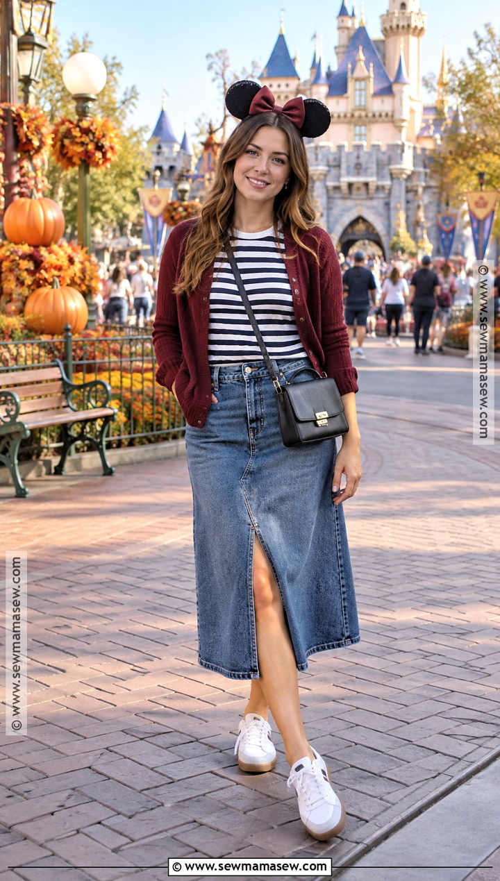 Disneyland Fall Striped Tee And Denim Midi Skirt Outfit - 20 Disneyland Fall Outfit Ideas