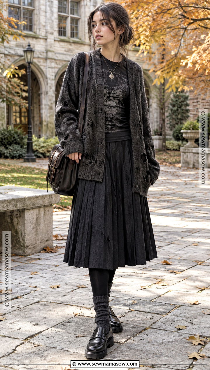Distressed Cardigan and Pleated Skirt Grungy Fall Outfit - 25 grungy fall outfits