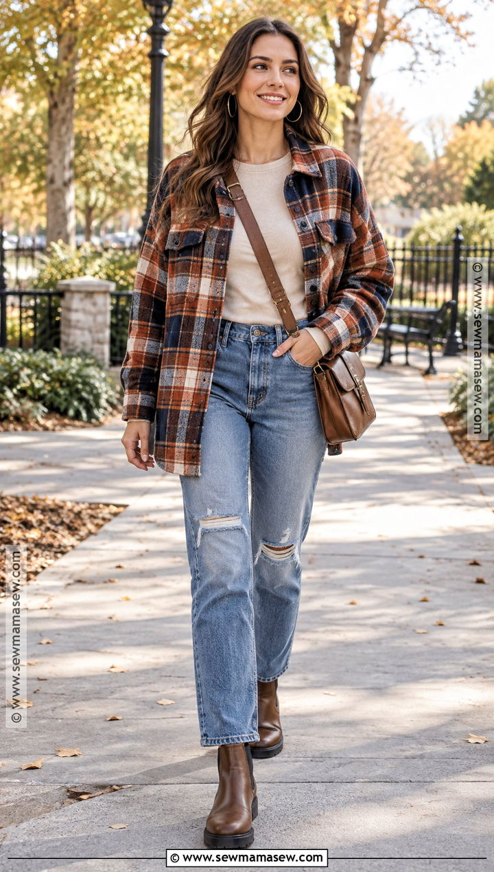 Distressed Jean Outfit With Plaid Shacket - 20 Cute Fall Jean Outfits