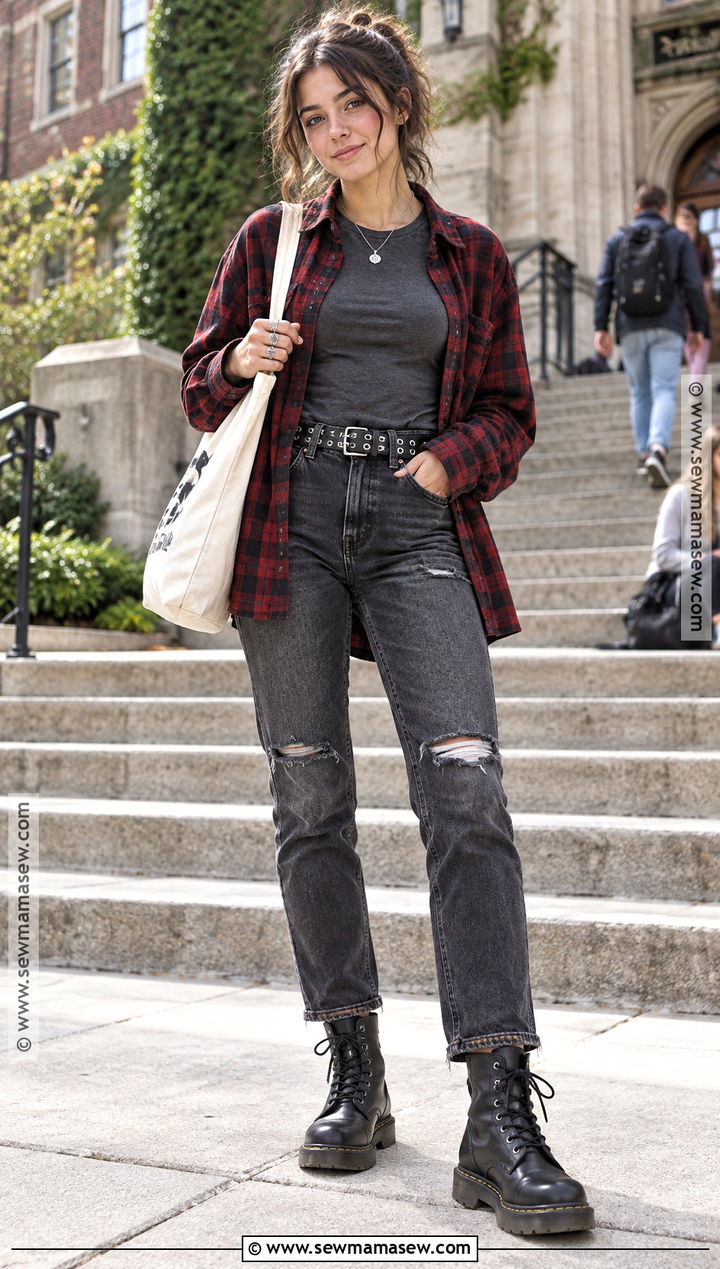 Distressed Jeans And Flannel Shirt Outfit - 15 edgy back to school outfits