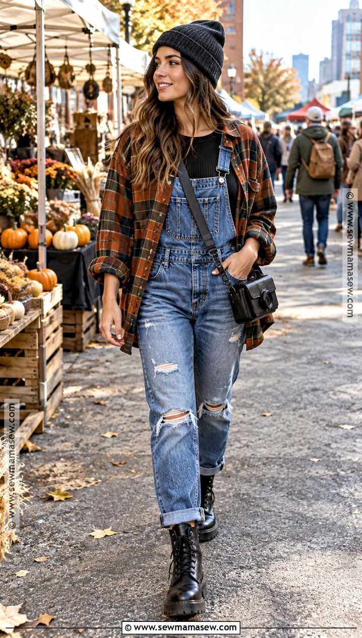 Distressed Overalls With Flannel And Combat Boots - 25 overalls outfit fall