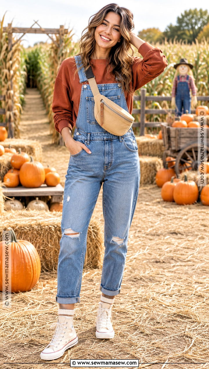 Distressed Overalls With Rust Sweatshirt And High Tops - 20 Pumpkin Patch Outfit Overalls