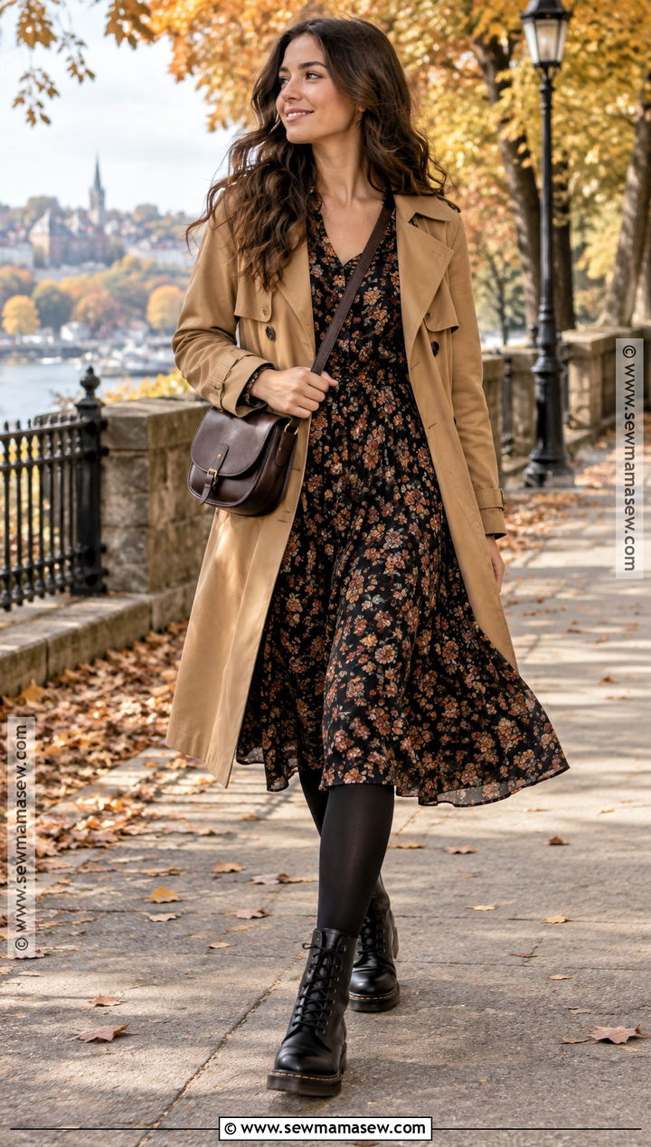 Doc Martens With A Floral Midi Dress And Trench Coat - 20 doc martin outfits fall
