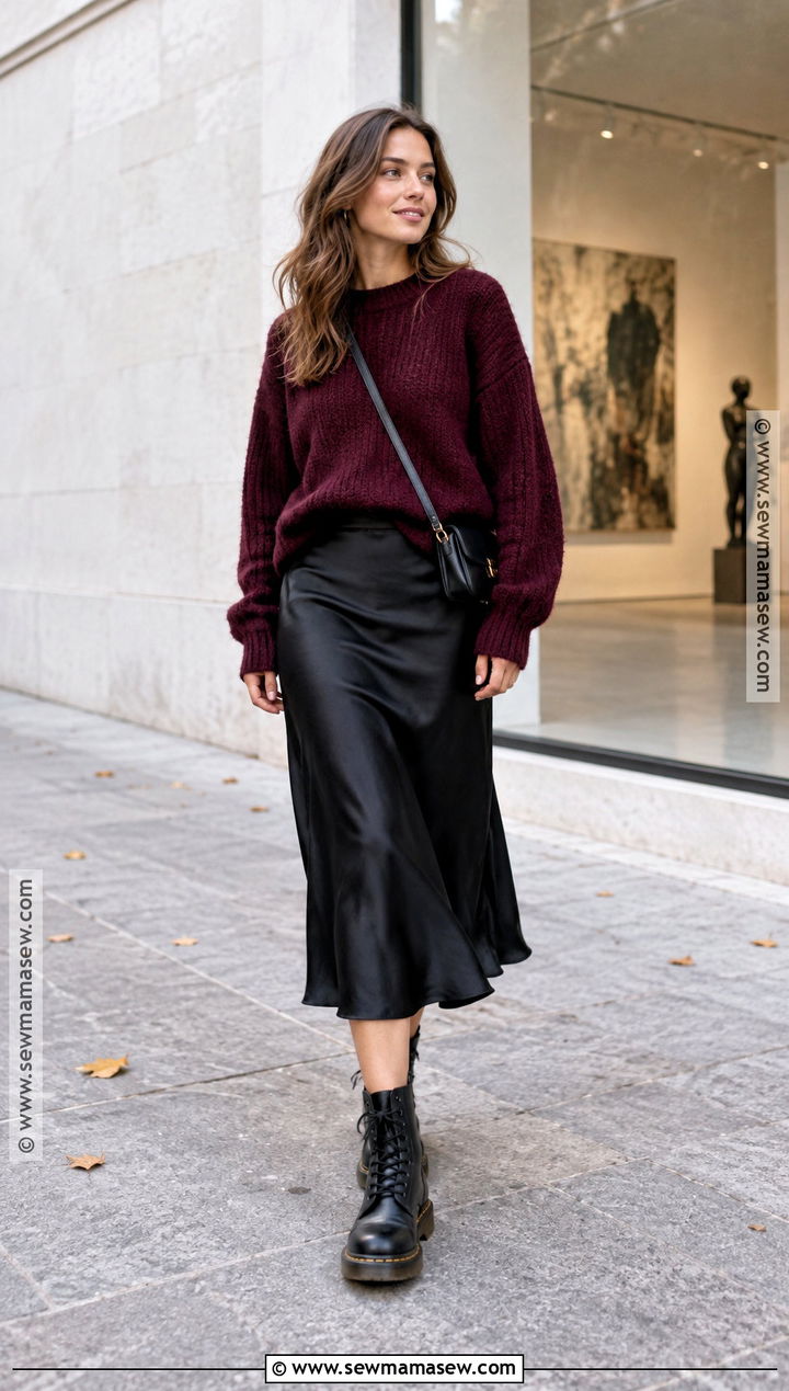 Doc Martens With A Satin Midi Skirt And Sweater - 20 doc martin outfits fall