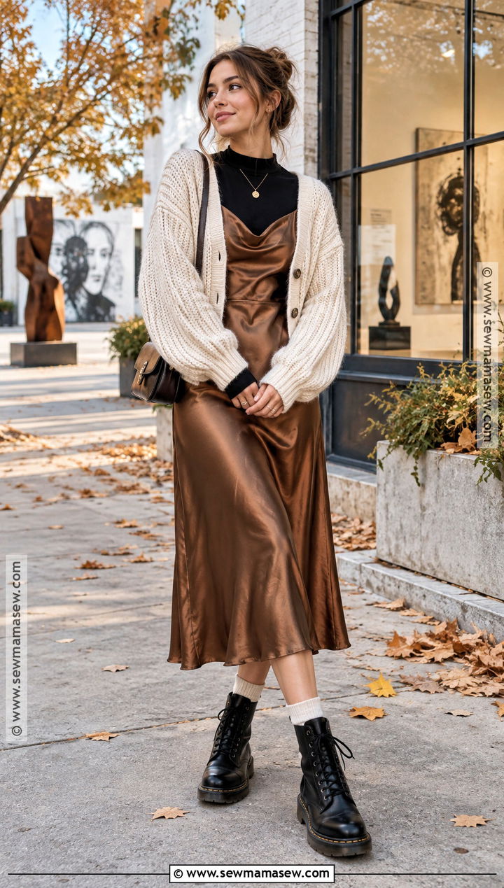 Doc Martens With A Slip Dress And Cardigan - 20 Fall Doc Martens Outfits