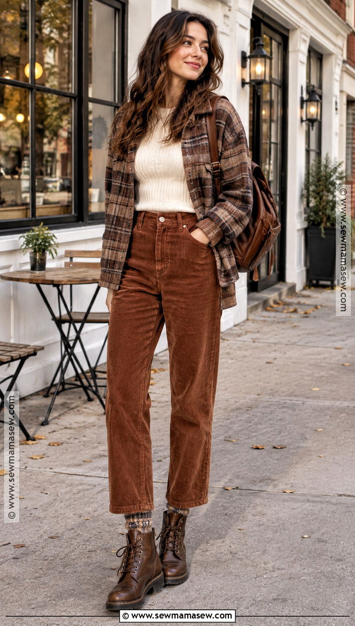 Doc Martens With Corduroy Pants and Shacket - 15 Fall Doc Martin Outfits