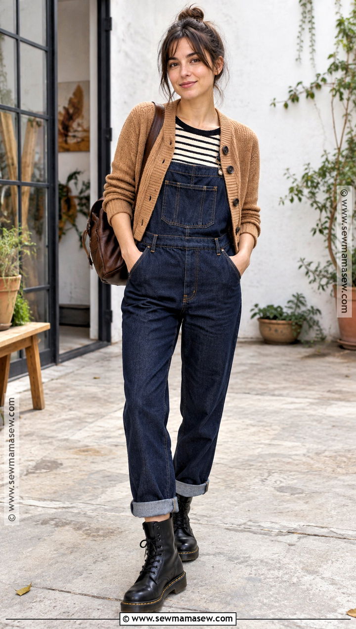 Doc Martens With Denim Overalls And Fitted Knit - 15 dock martins outfit fall ideas