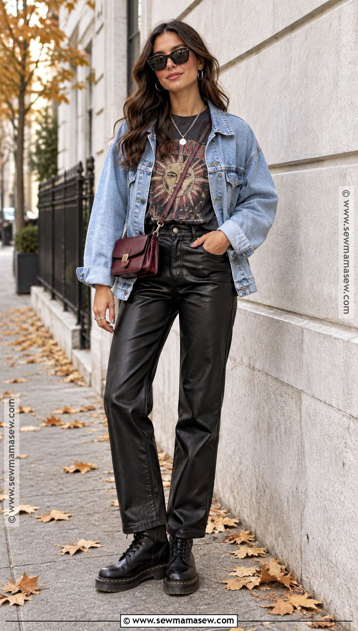 Doc Martens With Faux Leather Pants And Graphic Tee - 15 Doc Marten Fall Outfits for Women
