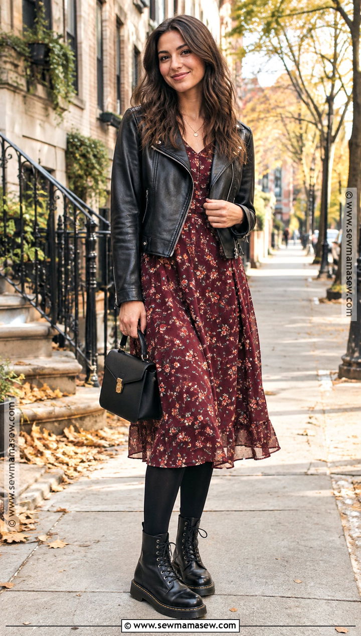 Doc Martens With Floral Midi Dress And Leather Jacket - 15 dock martins outfit fall ideas