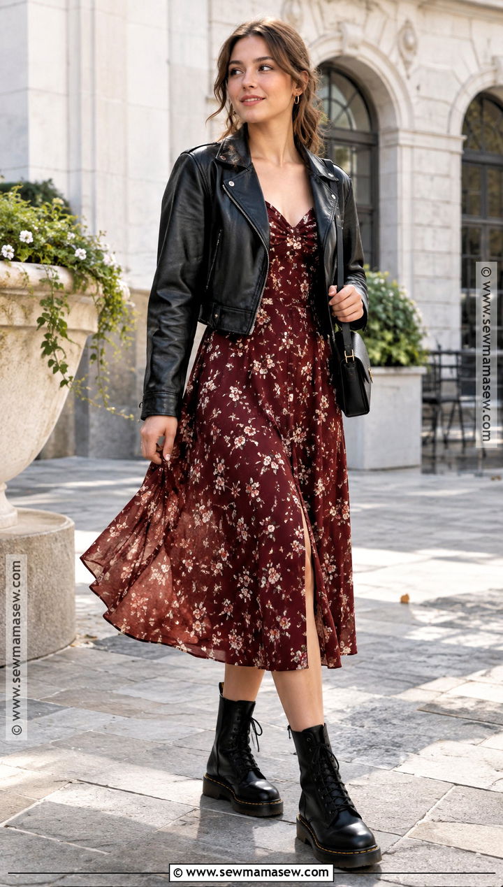 Doc Martens With Floral Midi Dress And Leather Jacket - 15 Doc Marten Fall Outfits for Women