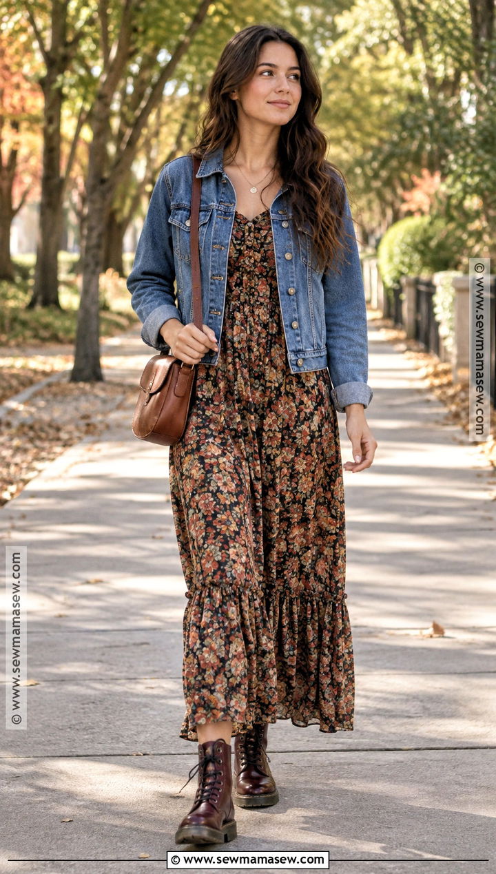Doc Martens With Maxi Dress And Denim Jacket - 15 dock martins outfit fall ideas