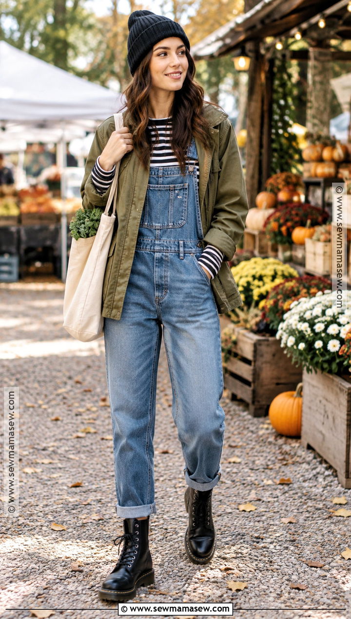 Doc Martens With Overalls and Striped Tee - 15 Fall Doc Martin Outfits