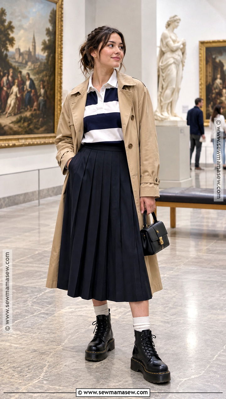 Doc Martens With Pleated Midi Skirt And Rugby Shirt - 15 Doc Marten Fall Outfits for Women