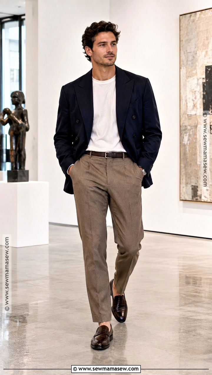 Double Breasted Blazer With T Shirt And Trousers - 15 Mens Smart Casual Outfits Autumn