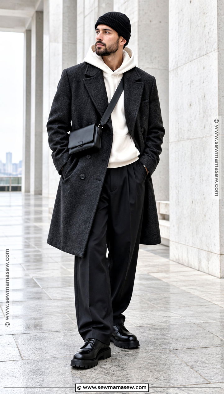 Double Breasted Coat With Hoodie And Trousers - 20 fall winter outfits for men