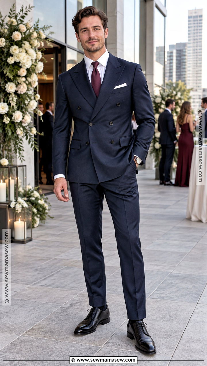 Double Breasted Navy Suit Fall Wedding Guest Outfit - 15 fall wedding attire for men guest ideas