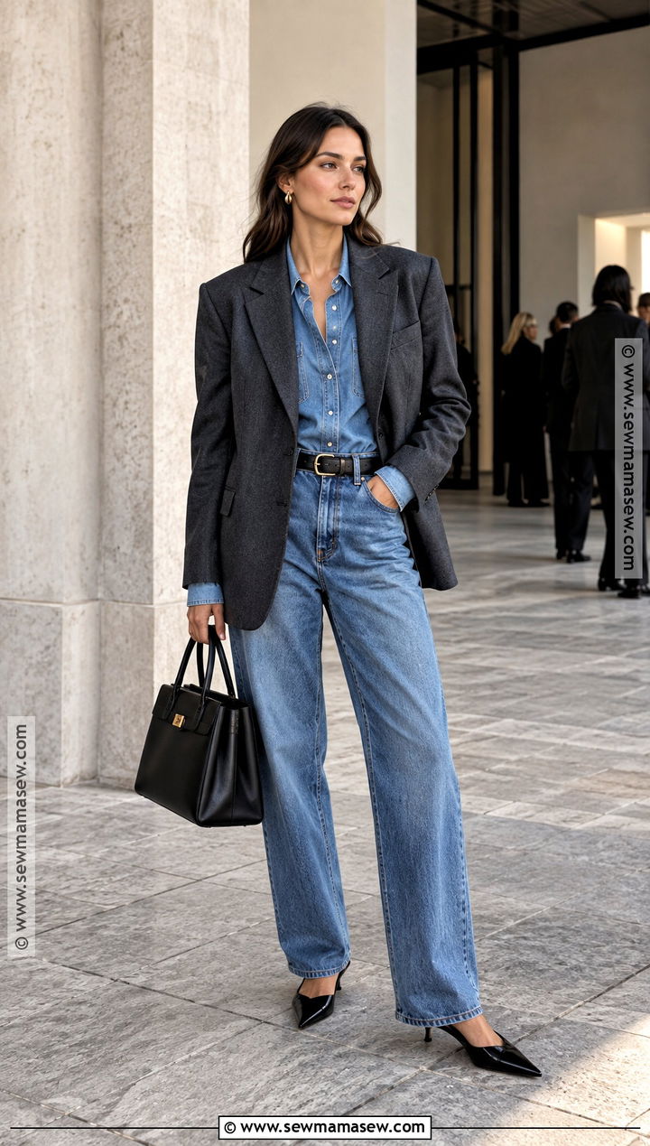 Double Denim Outfit With A Boxy Blazer - 15 Fashion Week Fall 2026 Street Style Ideas