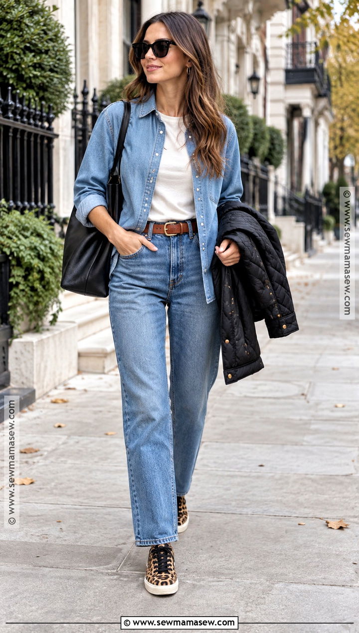 Double Denim With Leopard Sneakers - 15 Leopard Shoes Outfit Fall