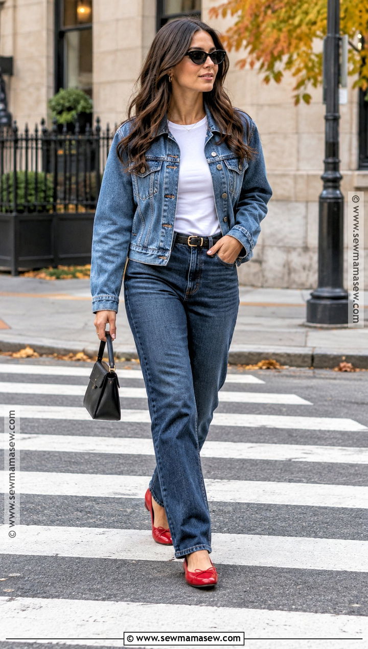 Double Denim and Red Ballet Flats Outfit - 15 Autumn 2026 Street Style Ideas