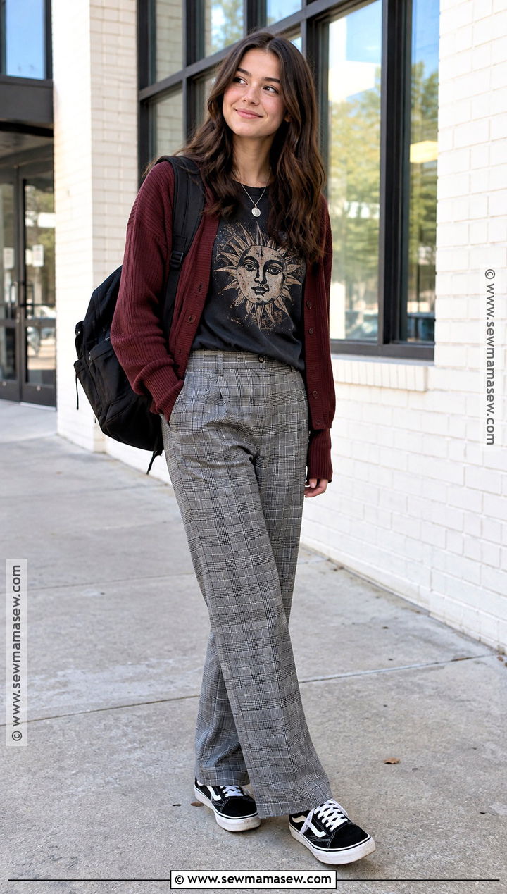 Downtown Band Tee And Plaid Pants Outfit - 20 Back To School Outfits Downtown for Girls