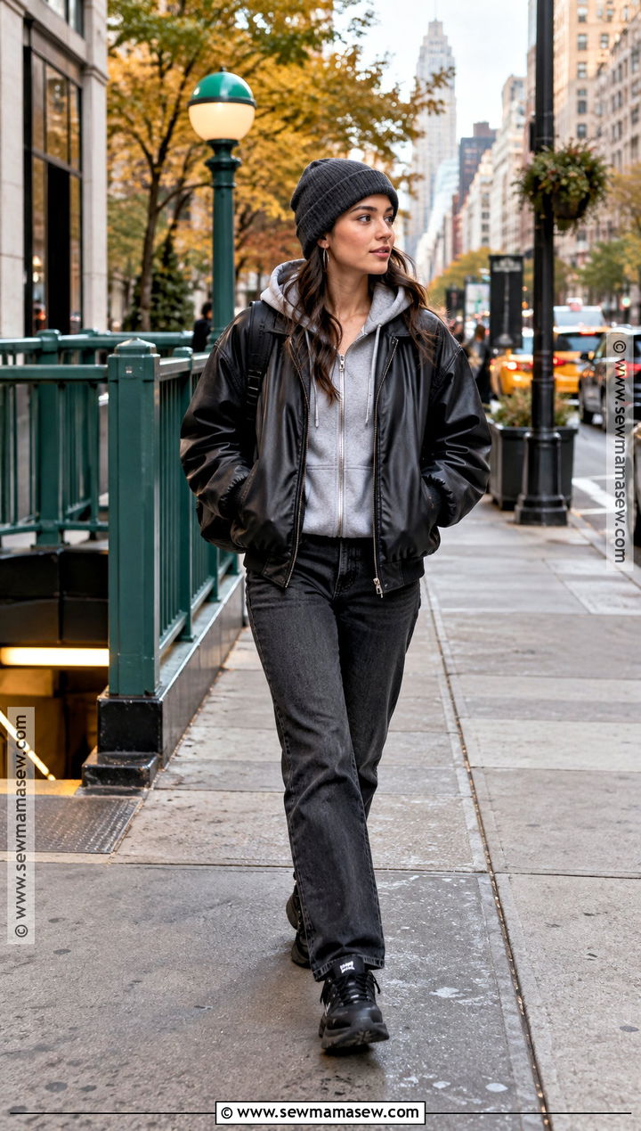 Downtown Fall Outfit With Hoodie And Leather Jacket - 20 downtown outfits fall