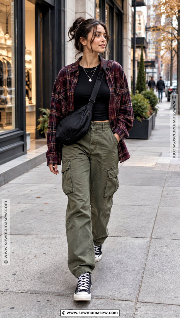 Downtown Fall Outfit With Plaid Shirt And Cargo Pants - 20 downtown outfits fall