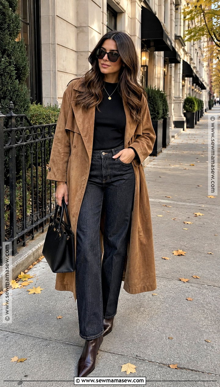 Downtown Fall Outfit With Suede Trench And Dark Denim - 20 downtown outfits fall