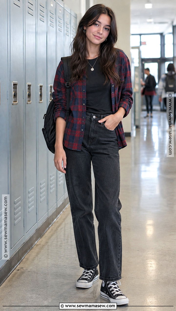 Downtown Flannel Shirt And Dark Jeans Outfit - 20 Back To School Outfits Downtown for Girls