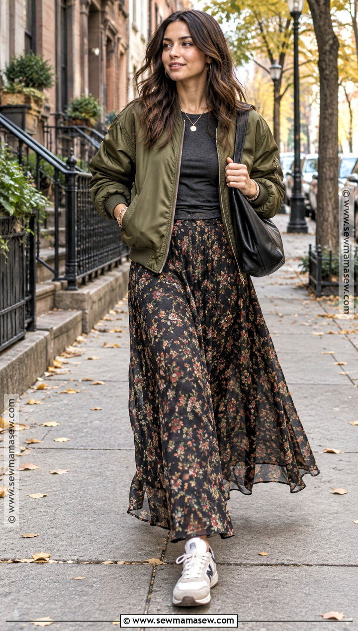 Downtown Girl Bomber Jacket And Maxi Skirt Outfit - 20 downtown girl autumn outfits