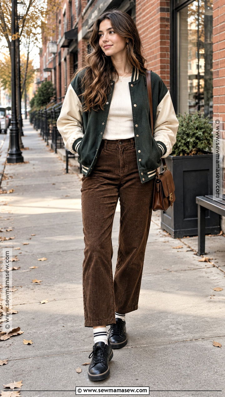Downtown Girl Varsity Jacket And Corduroy Pants Outfit - 20 downtown girl autumn outfits