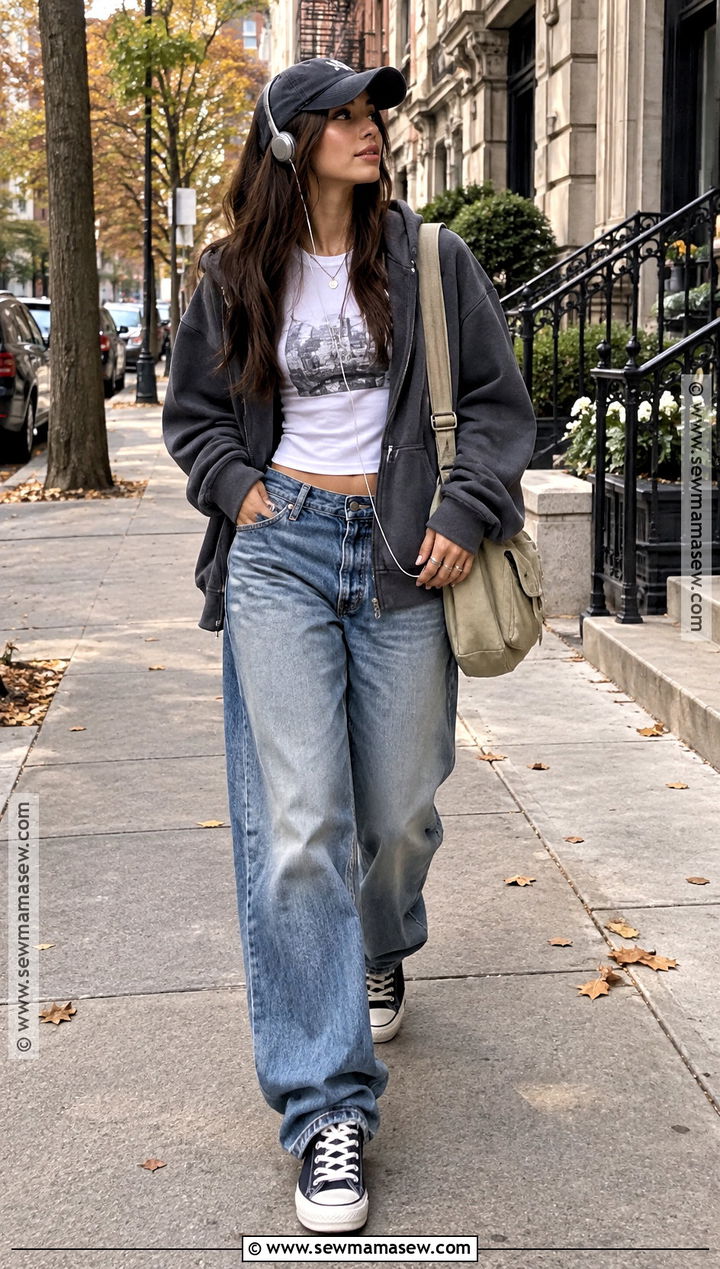 Downtown Girl Zip Hoodie And Baggy Jeans Outfit - 20 downtown girl autumn outfits