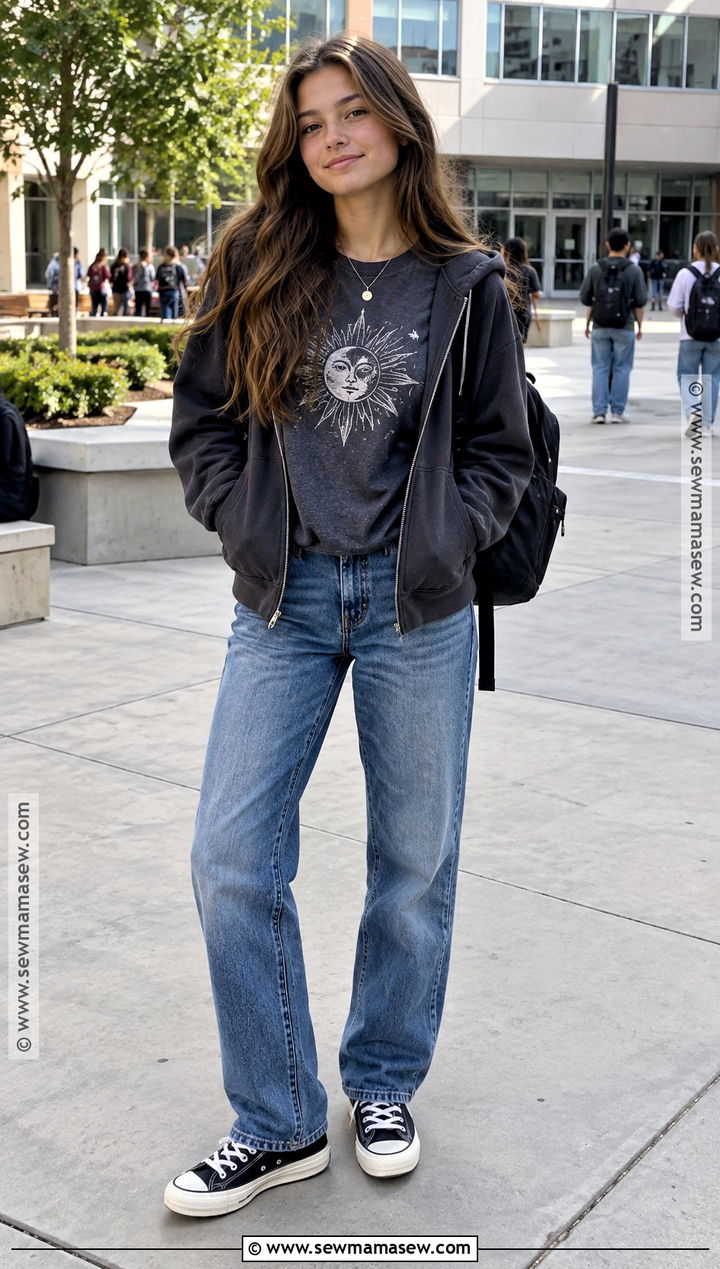 Downtown Graphic Tee And Straight Leg Jeans Outfit - 20 Back To School Outfits Downtown for Girls