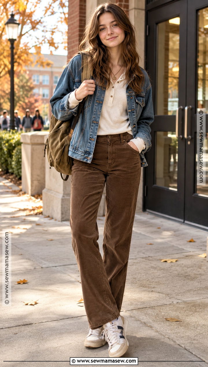 Downtown Henley Top And Corduroy Pants Outfit - 20 Back To School Outfits Downtown for Girls
