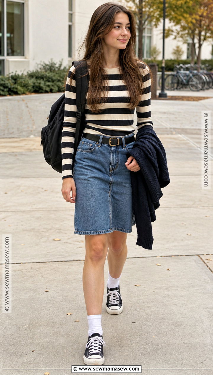 Downtown Long Sleeve Top And Denim Skirt Outfit - 20 Back To School Outfits Downtown for Girls