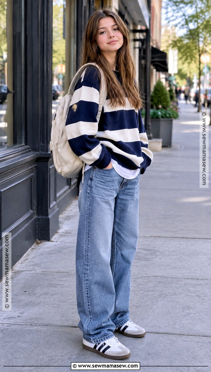 Downtown Striped Sweater And Baggy Jeans Outfit - 20 Back To School Outfits Downtown for Girls