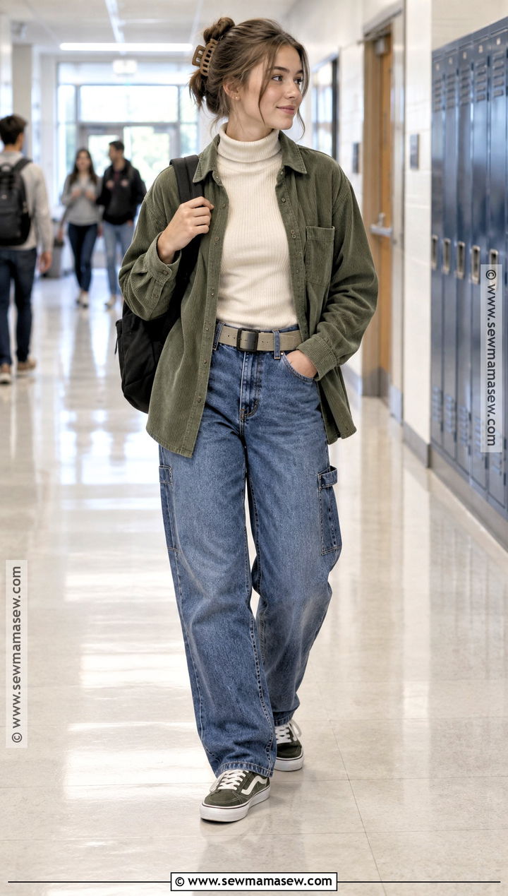 Downtown Turtleneck And Carpenter Jeans Outfit - 20 Back To School Outfits Downtown for Girls