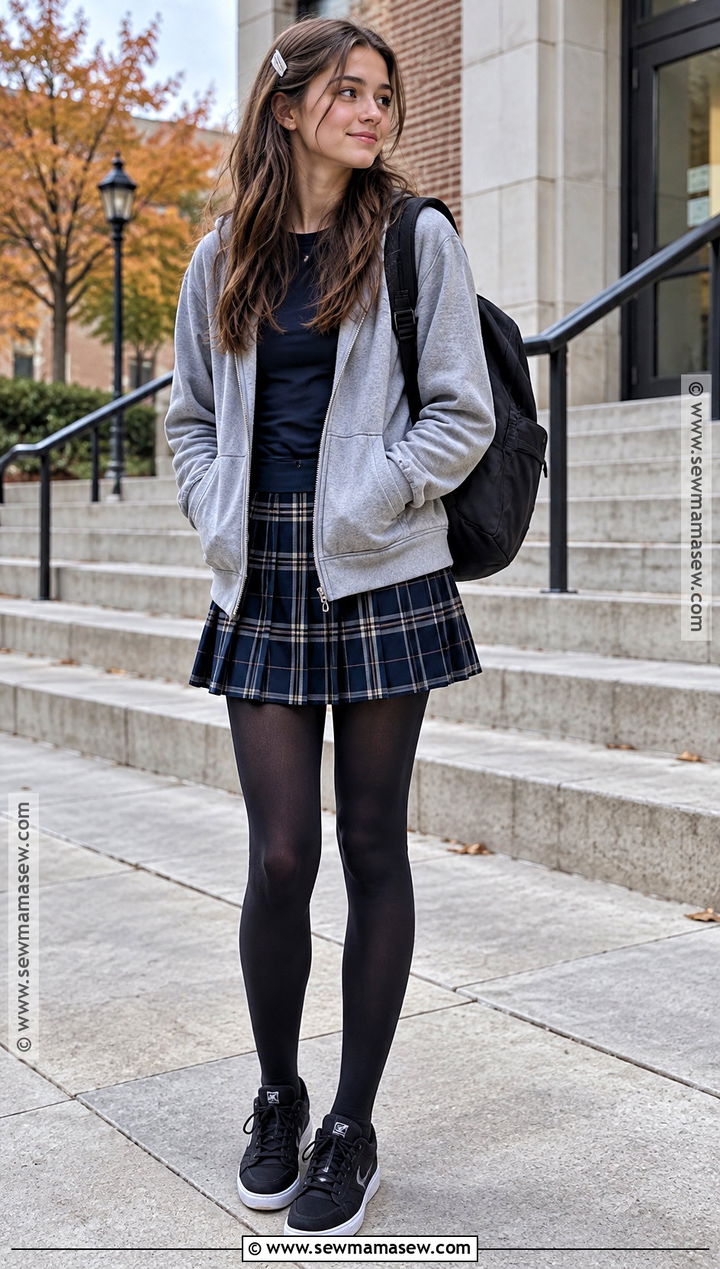 Downtown Zip Up Hoodie And Mini Skirt Outfit - 20 Back To School Outfits Downtown for Girls