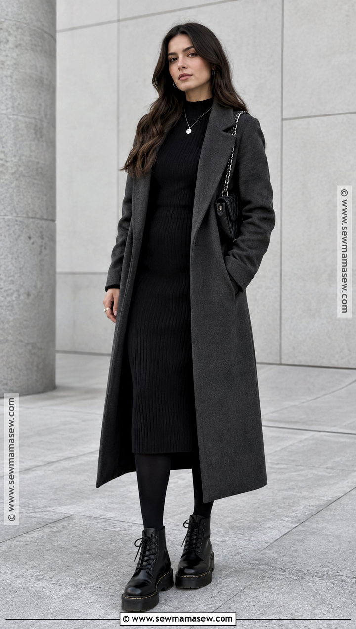 Dr Martens With A Black Midi Dress And Long Coat - 20 dr martens outfit fall ideas