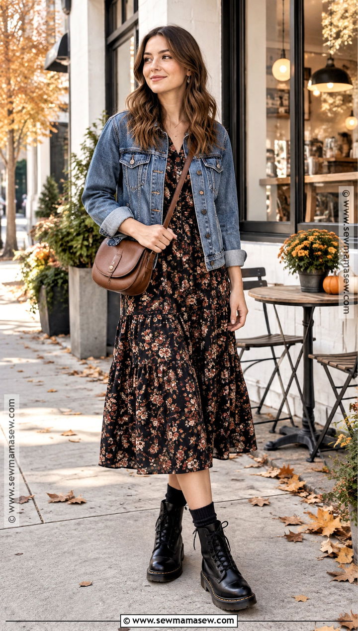 Dr Martens With A Floral Midi Dress And Denim Jacket - 20 dr martens outfit fall ideas
