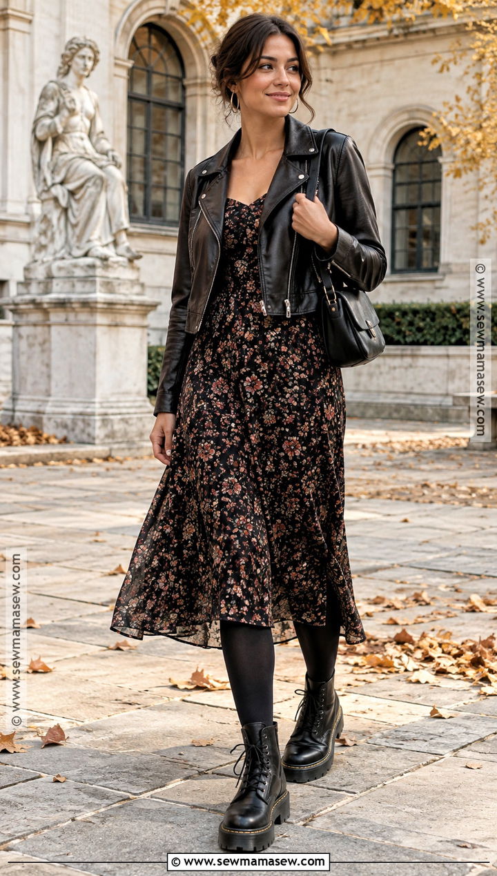 Dr Martens With Floral Midi Dress And Leather Jacket - 20 dr martens outfit autumn ideas
