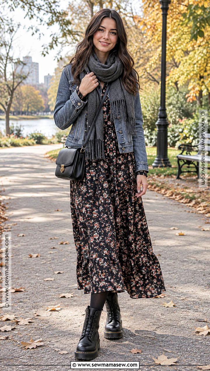 Dr Martens With Maxi Dress And Denim Jacket - 20 dr martens outfit autumn ideas