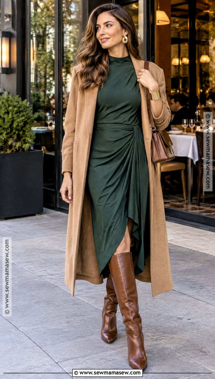 Draped Midi Dress And Knee High Boots Outfit - 15 2026 fall outfit trends