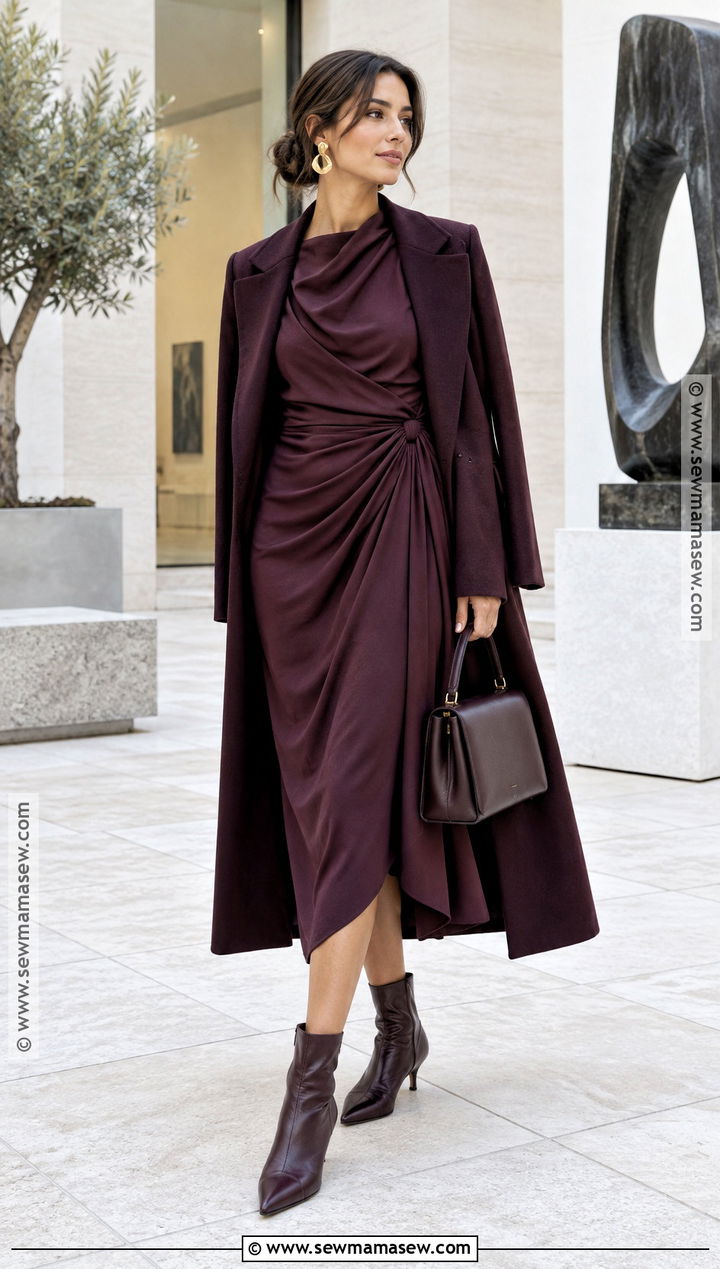 Draped Midi Dress With Kitten Heel Boots - 30 fall dresses