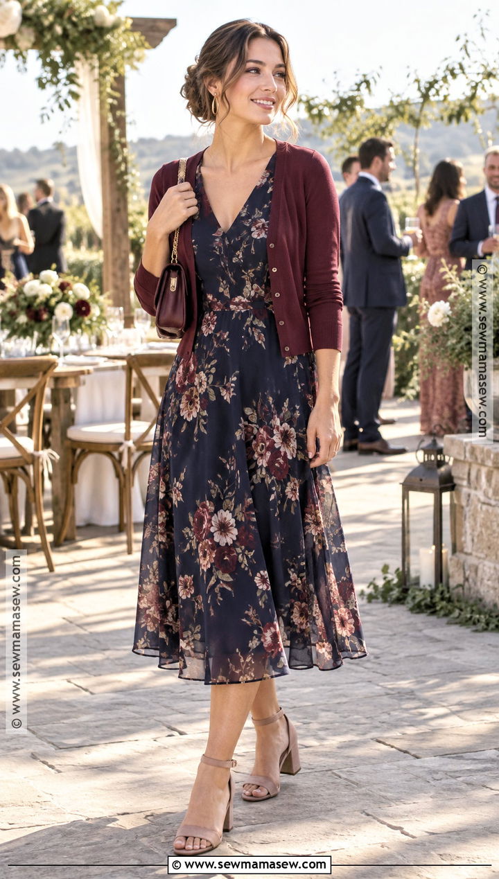 Dressy Casual Fall Wedding Floral Midi Dress - 20 Fall Wedding Dress Code Ideas