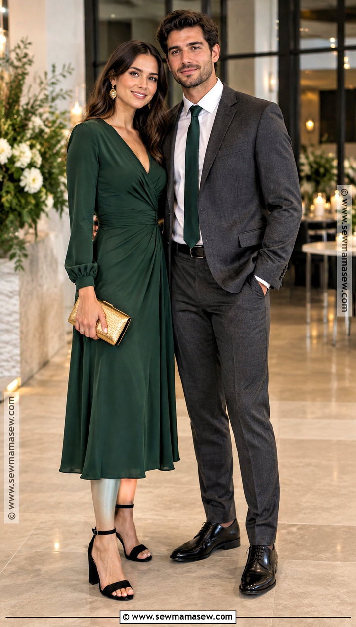 Dressy Couple Autumn Outfit With A Midi Dress And Suit - 20 couple autumn outfit ideas