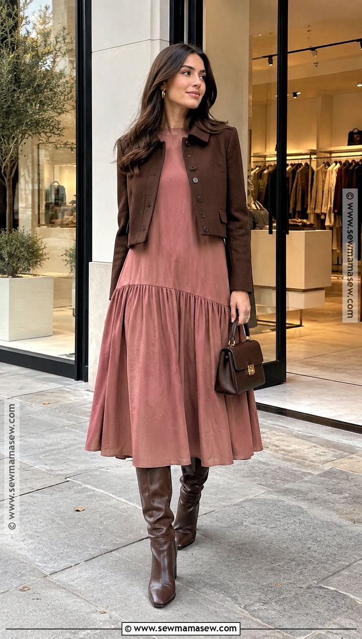 Drop Waist Dress With Brown Boots - 25 fall dress outfit with boots