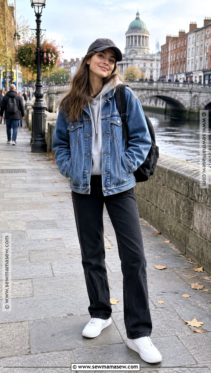 Dublin Fall Denim Jacket Outfit With A Hoodie And Black Jeans - 15 dublin ireland outfits fall