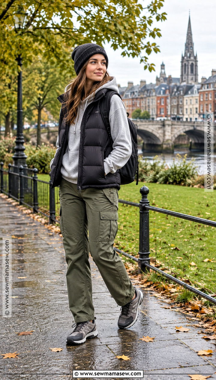 Dublin Fall Puffer Vest Outfit With Cargo Pants And Sneakers - 15 dublin ireland outfits fall